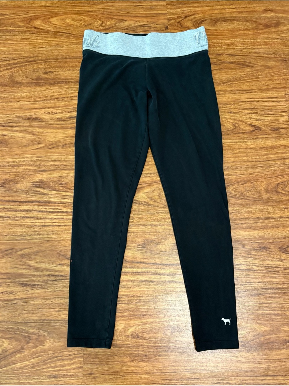 PINK Victoria's Secret Black Leggings Gray Waistband “PINK” In Sequins On Sides